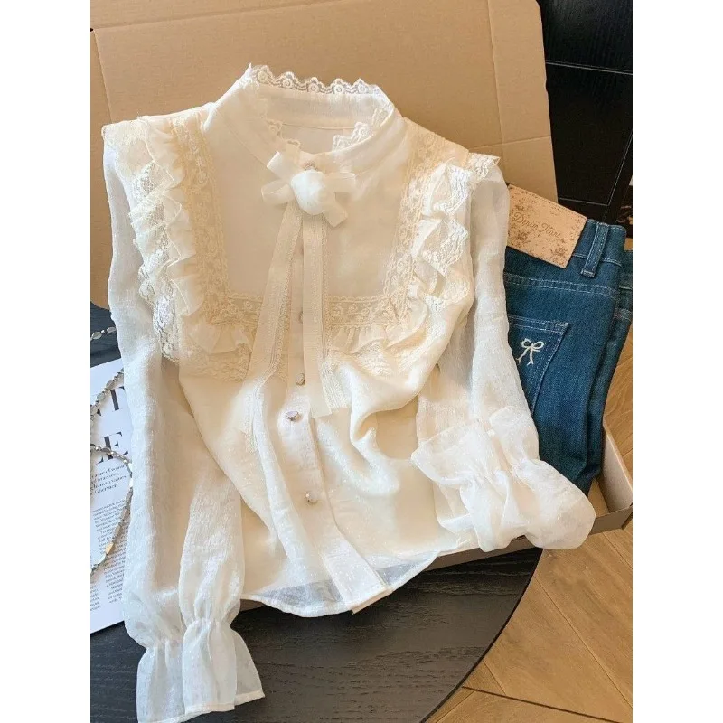 2026 New French Fragrant Celebrity Shirt Long Sleeve Spring Lace Chiffon Foreign Style Lace Sweet Premium Top