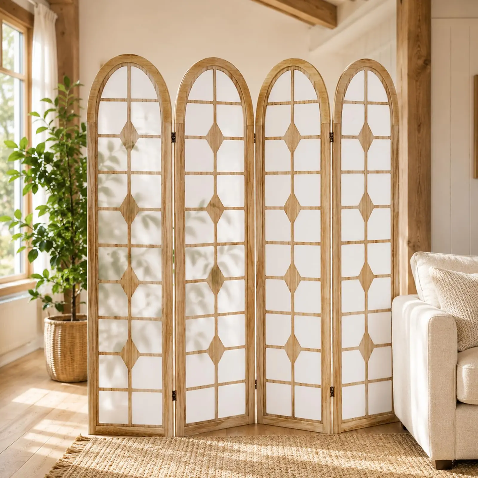 4 Panel Shoji Room Divider, Wood Folding Privacy Sn, Natural