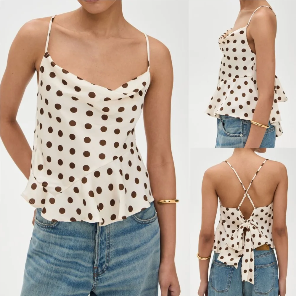 

casual blusas T Shirt tees camisetas vest camis simple style French Playful Polka dot sling leace-up Off Shoulder Loose Contrast