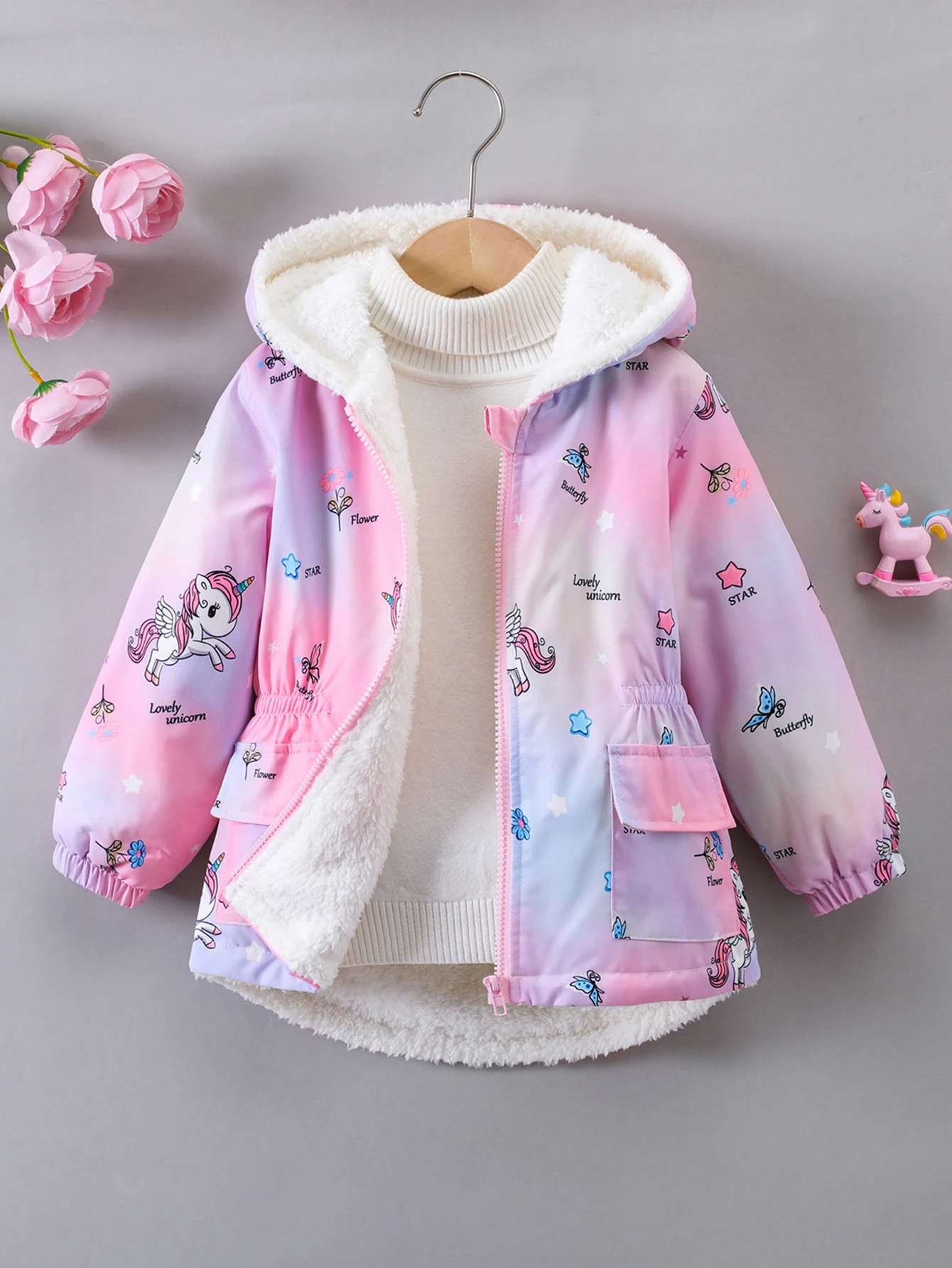 Girls' autumn and winter fashion cartoon digital print thick soft and comfortable plush inner hooded zipper cardigan coat