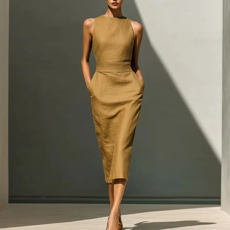 2026 Women Solid O Neck Long Dresses Elegant Sleeveless High Waist Sheath Dress Office Workwear Casual Summer Dress With Pockets - view 6