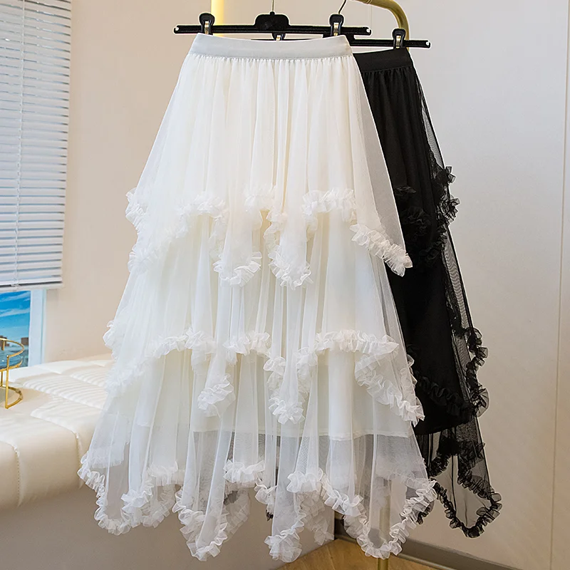

Sweet A-Line Midi Skirt High Waist Tulle Gored Skirt Design Sense Cake Umbrella Skirt Polyester Fiber Winter Season Pure Color