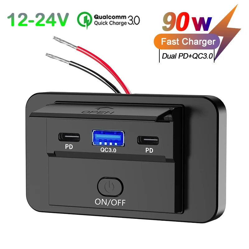 12V Quick Charge 3.0 Dual PD3.0 Type-C USB Ports Car Bus Charger Socket Power Adapter with Swith for Car Truck Marine Motorcycle