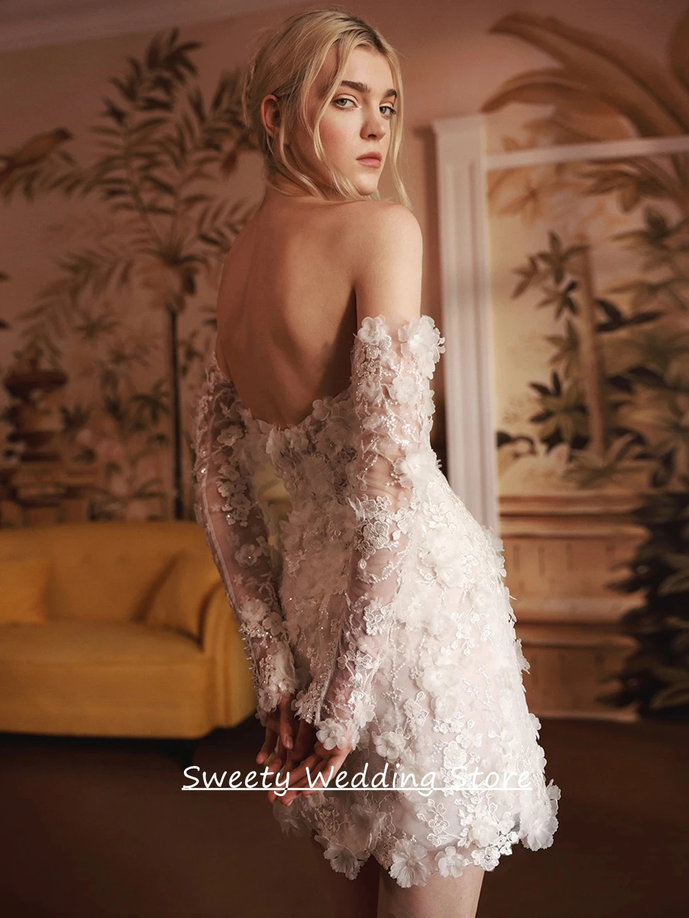 Exquisite Lace Bride Dresses Mini Bridal Gown Customized V Neck Long Sleeves Beading Flowers Lady Wedding Party Dresses