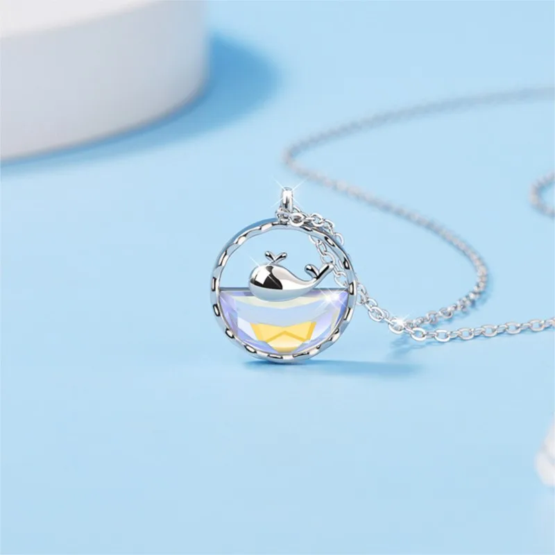 New Fashion Sweet Whale 925 Sterling Silver Brilliantly Coloured Blue Sea Animal Clavicle Chain Pendant Necklaces XL021