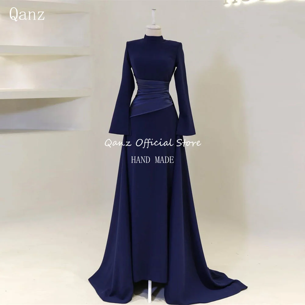 

Qanz Modest Navy Blue Evening Dresses Long Sleeves Dubai Formal Occasion Dresses Mermaid Vestido De Gala Noche Mujer Customized