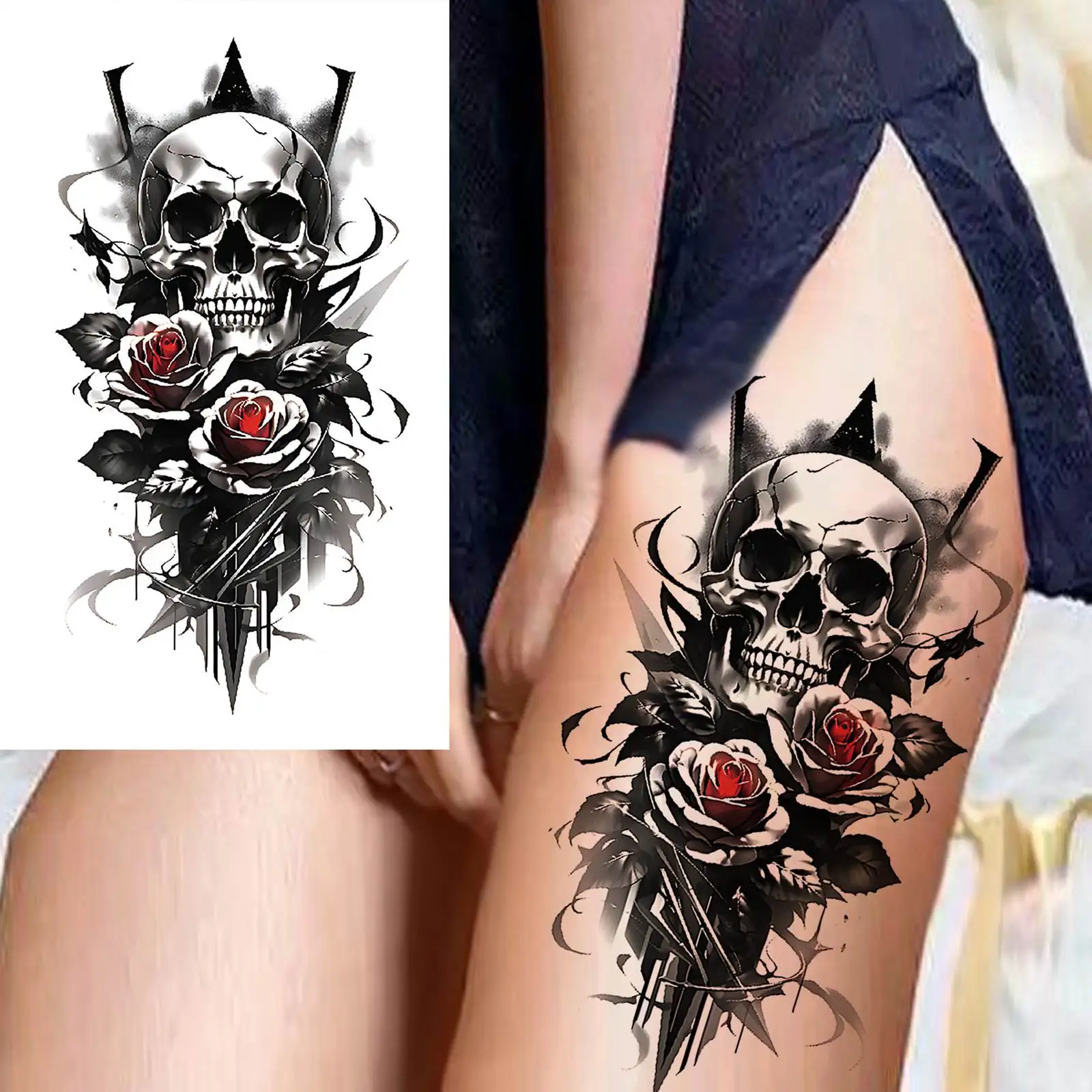 1 Sheet Skeleton Temporary Tattoos For Women Men Fake Death Skull Flower Tattoo Sticker Body Art Drawing Arm Forearm Waist Back