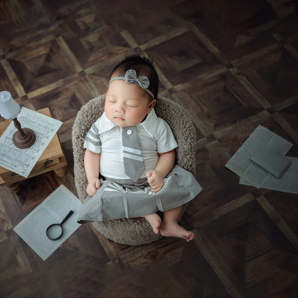 1 Month Newborn Girls Clothes Jumpsuit Pleated Skirt Headwear Baby Boy Photography Outfits Mini Table Computer Studio Photo Prop