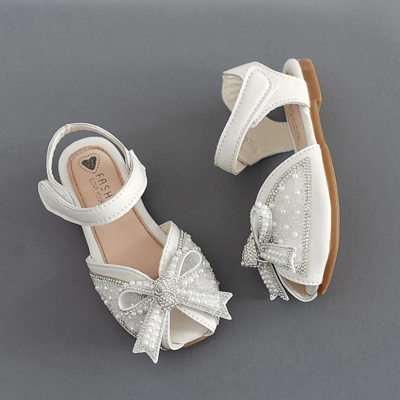 Girl Sandals Summer Sweet Pearl Bowtie Kids Princess Wedding Dress Shoes Fashion Elegant Children Causal Flat Sandals Hook Loop