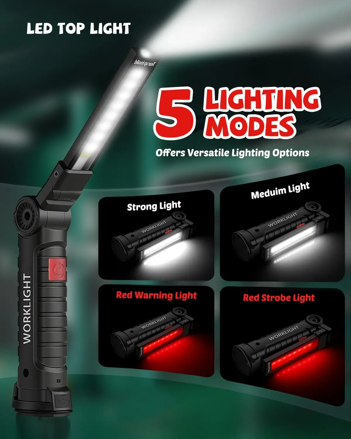 USB充電式COB LED作業灯、磁気付き検査用懐中電灯、フック付き、明るさ調整可能、18650バッテリー搭載ツール