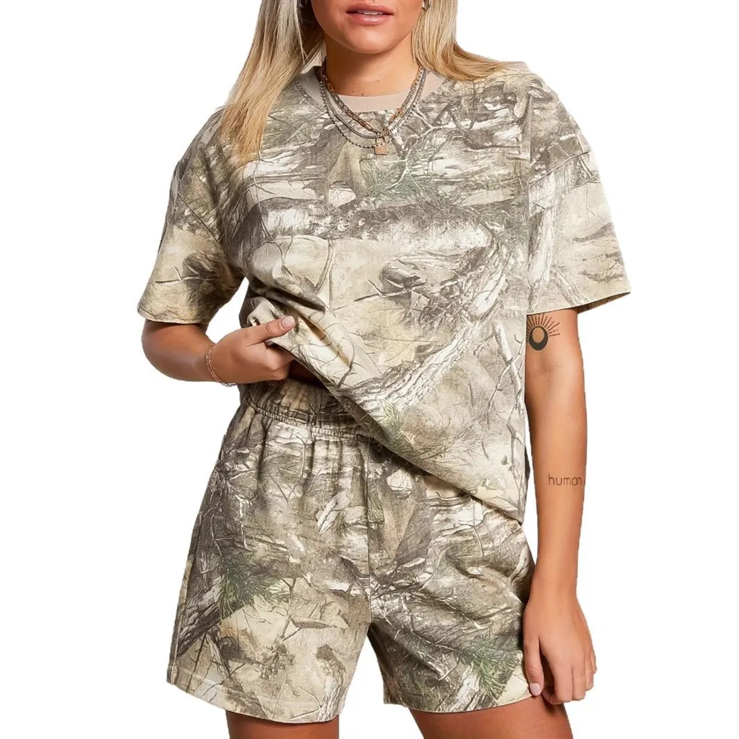 2026 Fashion Camouflage Pattern Printing Shorts Set Women Summer New Short Sleeve O-neck T-shirt Casual 2 Piece Set