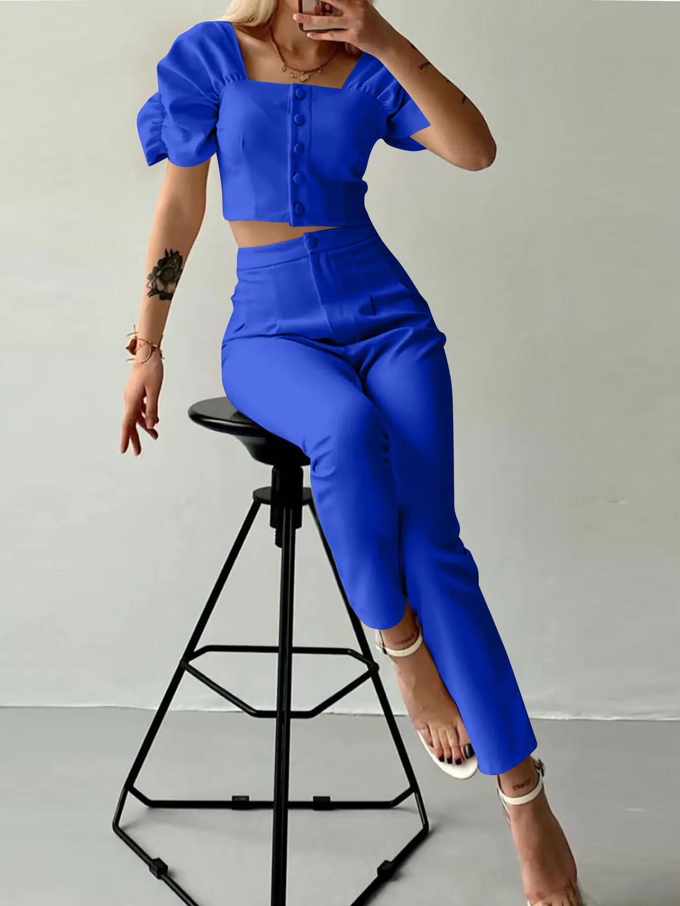 Elegant Women's Office Two Piece Sets Summer Fashion Solid Square Collar Single Breasted Short Sleeve Top & Long Pants Suit