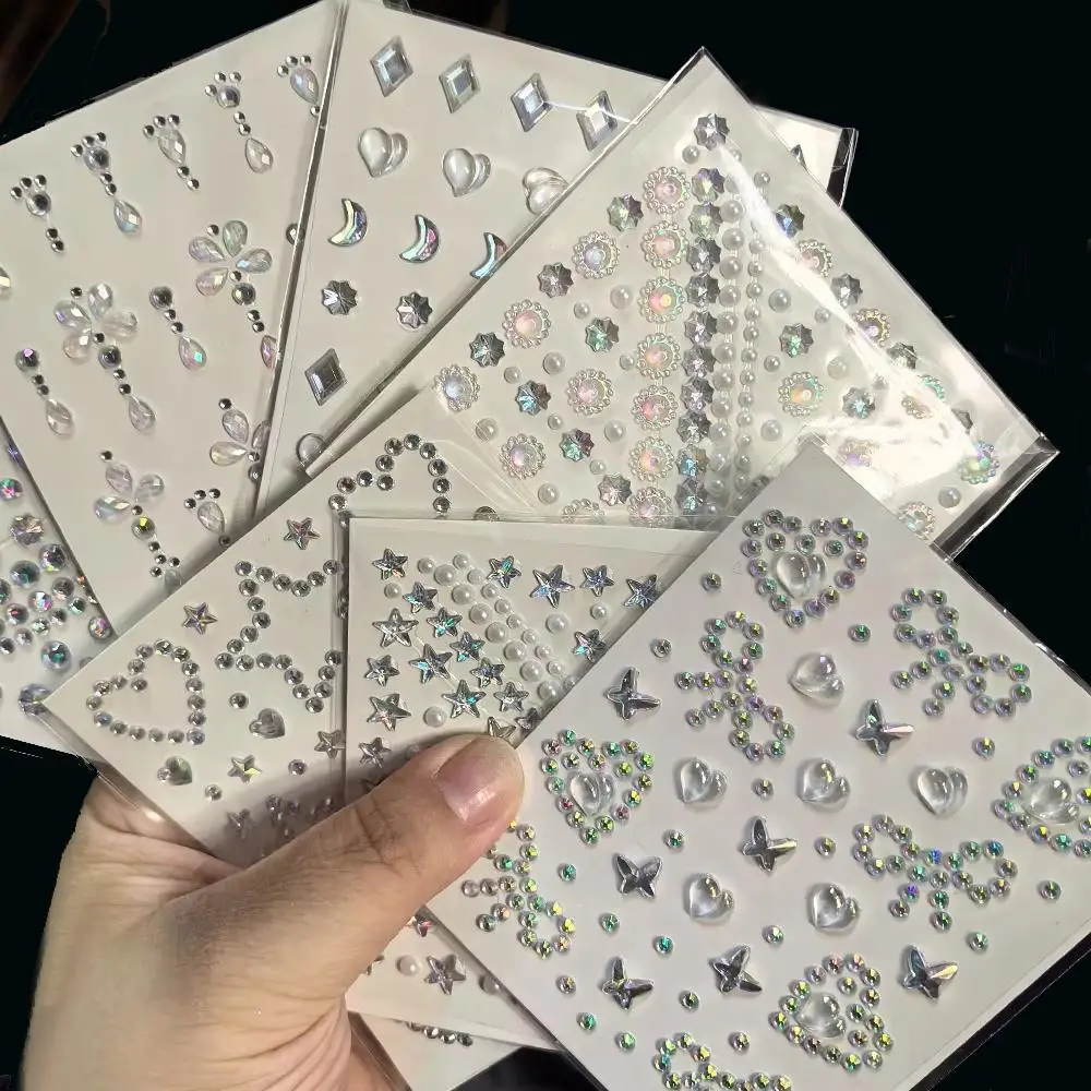 1pc Laser Sparkling Star Diamond/Pearls Face Gems Stickers Heart Moon Shape Rhinestones for Eyes/Face Stickers Temporary Tattoos