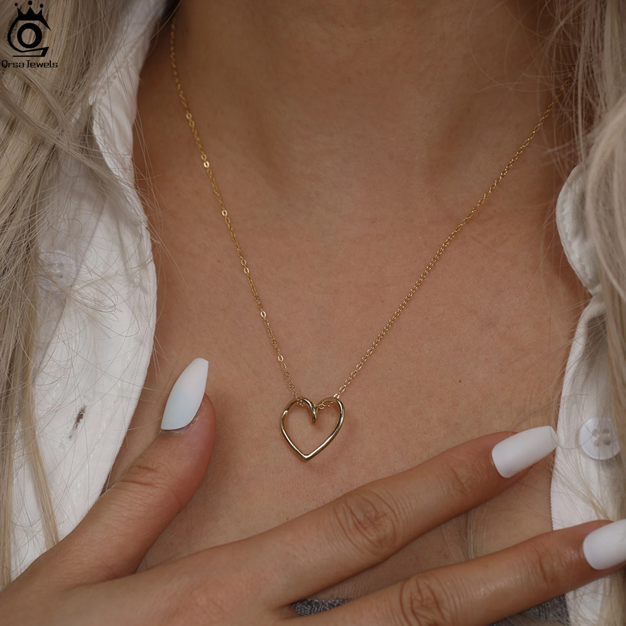 ORSA JEWELS Real S925 Silver Heart Pendant Necklace Cable Chain Strand Minimalism Style Neck Jewelry Romantic Party Gift SAPN53