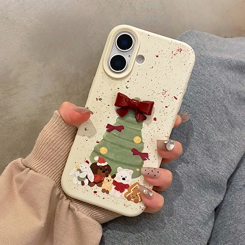 Ins Red Bowknot Christmas Tree Cute Animal Case For iPhone 12 13 14 15 16 Pro Max Plus Soft Silicone Phone Cover