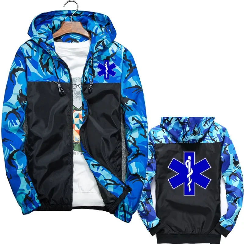 2024 New Windproof men's hooded jacket Emt emergency ambulance print Outdoor hiking trip men's hardshell jacket