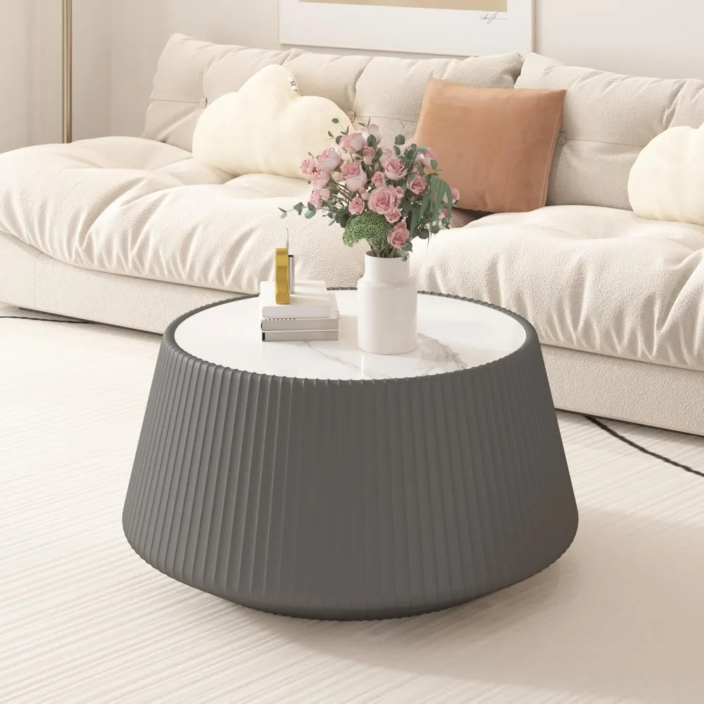 

26.77 Grey Round Coffee Table, Drum Coffee Table with Sintered Stone Tabletop and Fluted PU Leather Covered and Stable Base, Cir