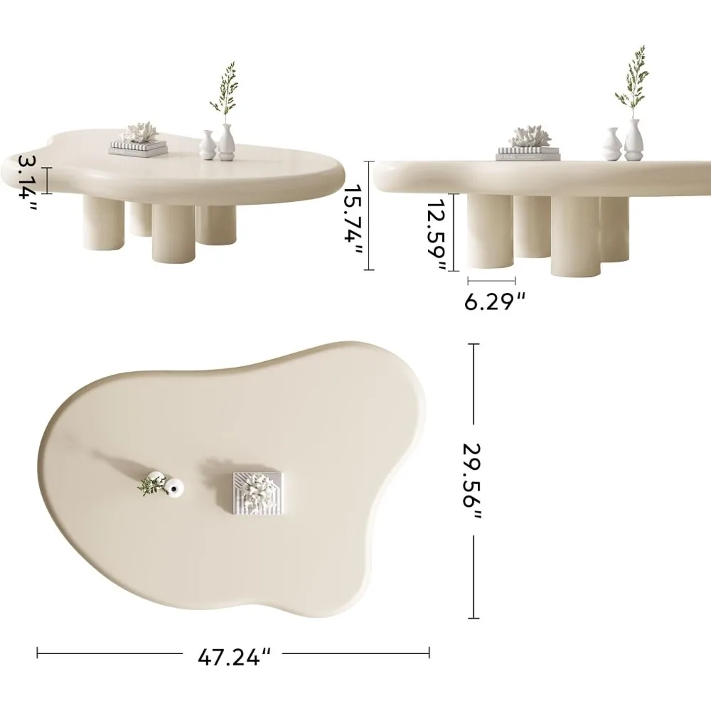 Small Coffee Table,Cream White Round Edge Coffee Table, Cute Cloud-Shape Coffee Table