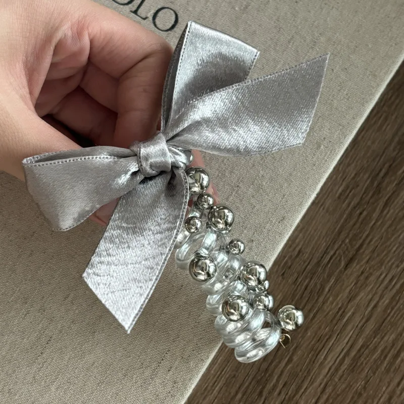 Korean Silver Bow Hair Loop Bead Telephone Cable Head Rope Tie ponytail Hairs Rope Sweet Bubble Braid Braided Hair Artifact