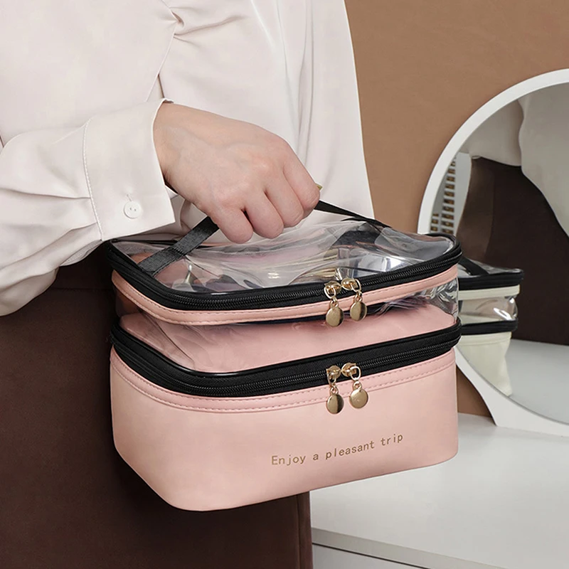 Double-layers PU Cosmetic Bag Travel Portable Large-Capacity Makeup Case Organizer Storage Pouch Zipper Toiletry Bags