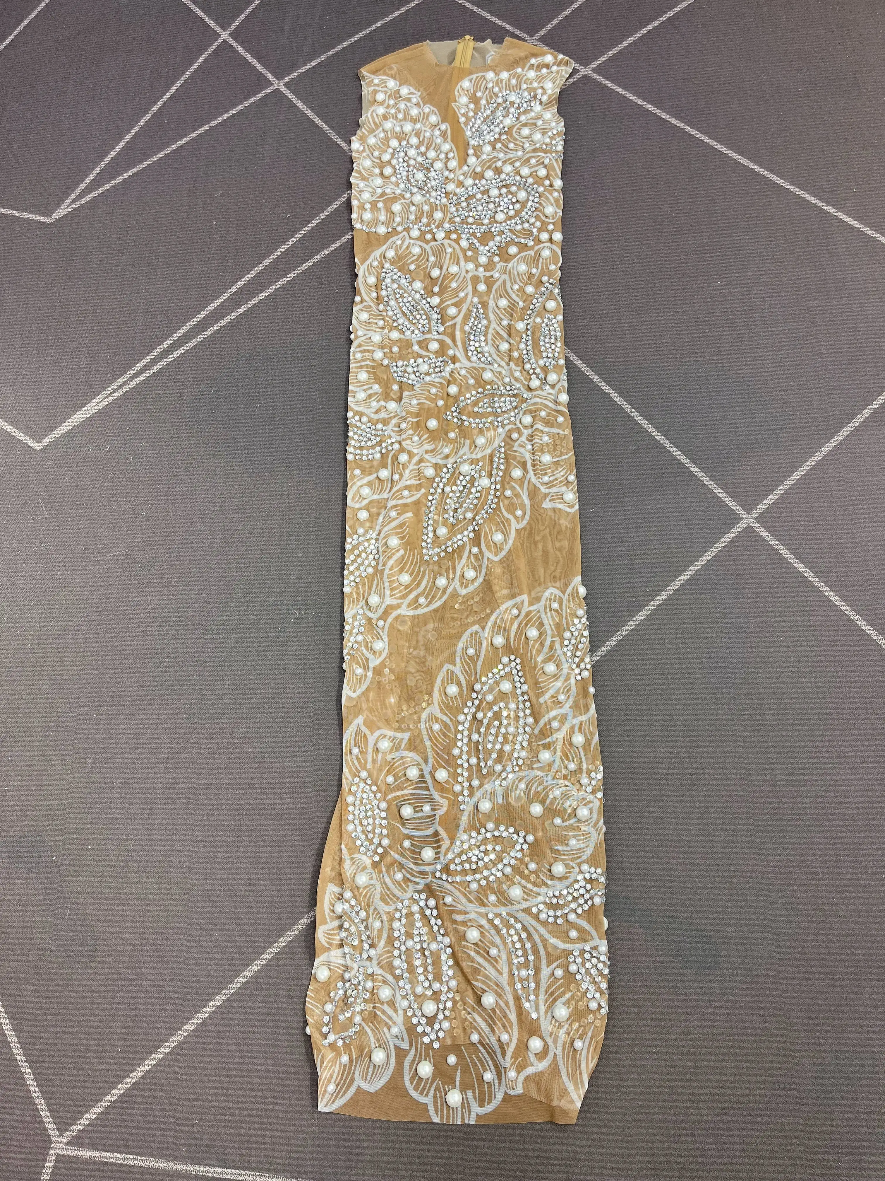 Seksowna Sukienka z Siateczki z Błyszczącymi Perłami i Cyrkoniami, Dopasowana, na Koktajl, Wieczorowa, na Czerwony Dywan, Elegancki Kostium, Zhuhualuo