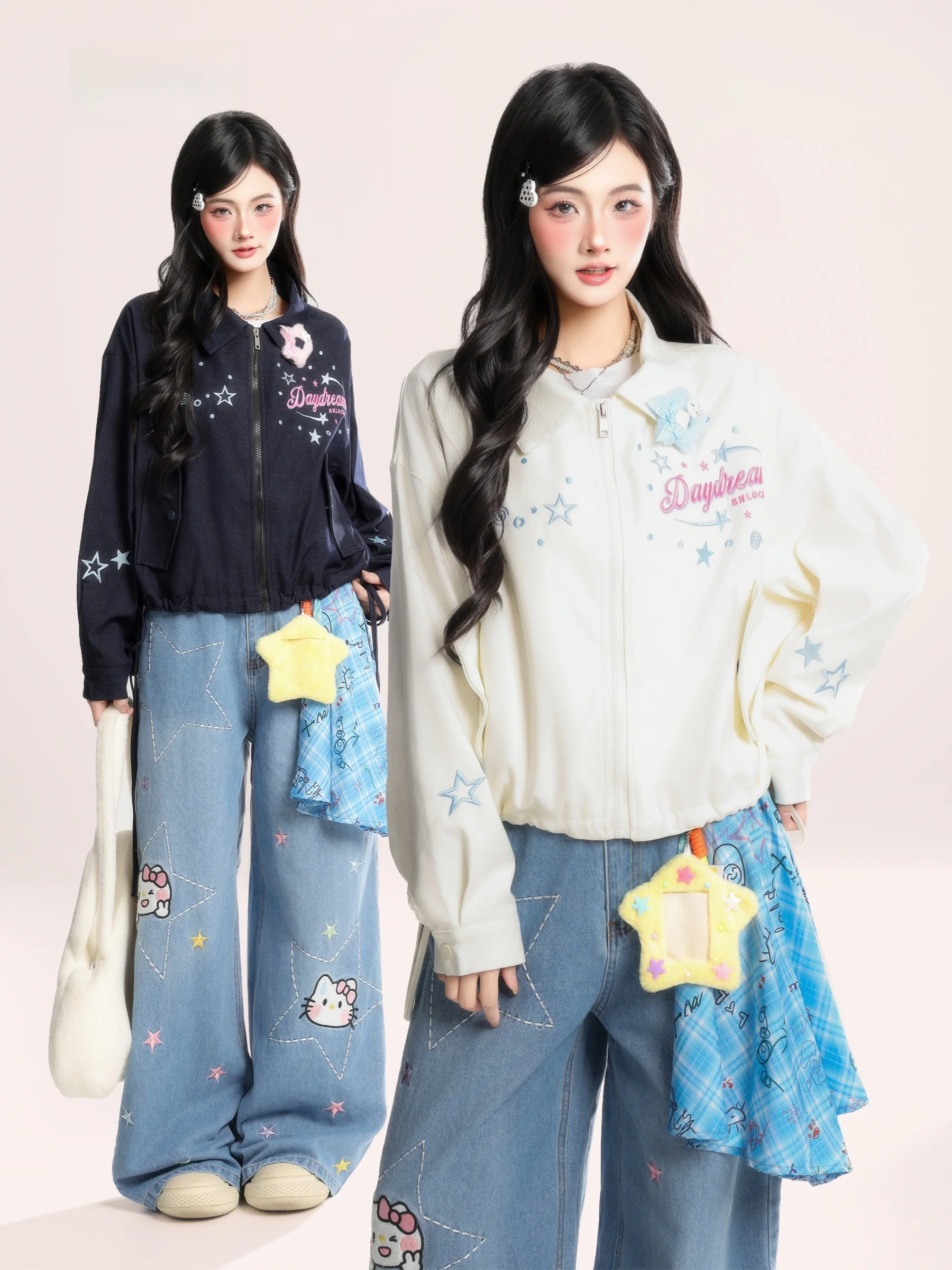 

HM American Retro Star Embroidery Stand Collar ort Jaet Women's Spring New Loose Dstring Outerwear Trendy