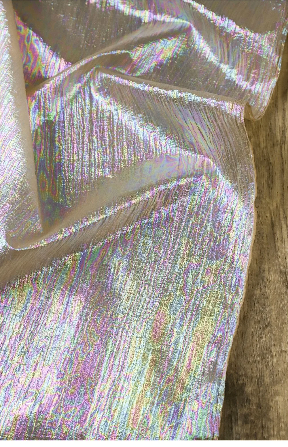 Beige-Camel Gradient Iridescent Tulle | Laser Dyed Wrinkled Fabric for Performance Costumes & Skirts