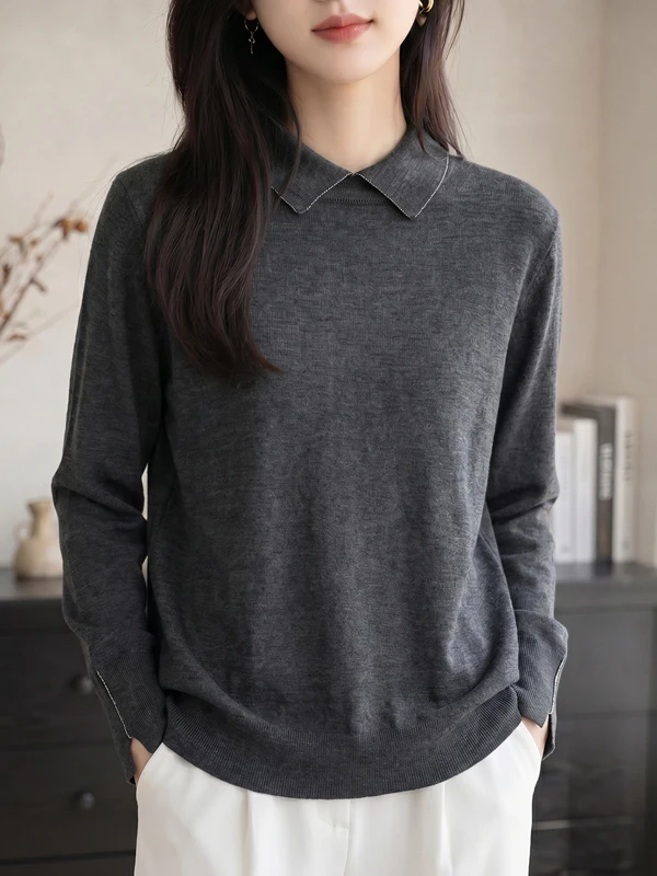 2026 New Knitted Fine Wool Collared Long Sleeve Base Shirt Women's Crew Neck Pullover Sweater Top Quality Material Fashionabl...