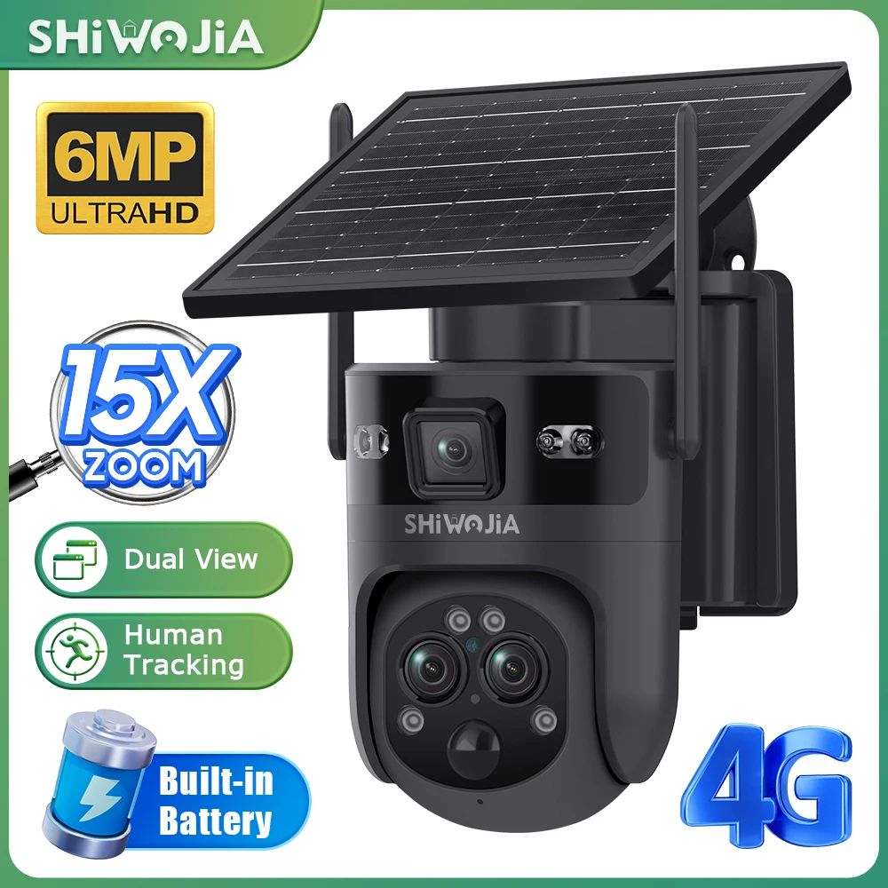 SHIWOJIA 15X 6M PSolar Camera 4G SIM/WIFI Three Lens Recording AI Human/Pet/Vehicle Auto Tracking Camera IP65 Waterproof