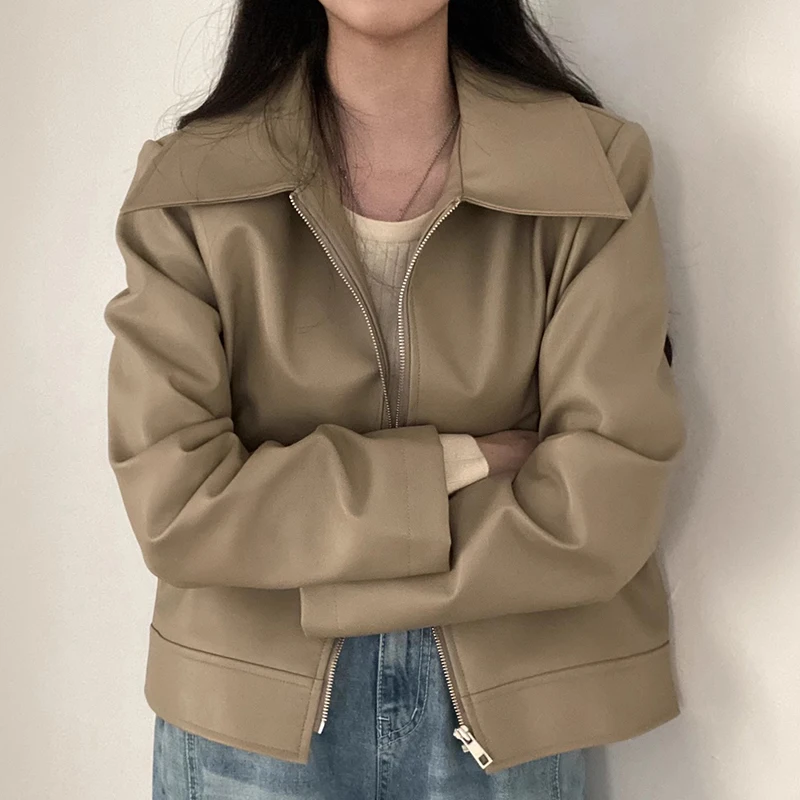 Stylowy, vintage'owy motocyklowy płaszcz damski z PU skóry, zapinany na zamek, luźny, uniwersalny, idealny na dojazdy do pracy, chroniący przed wiatrem, dla dziewcząt w wieku 8-24 lat.