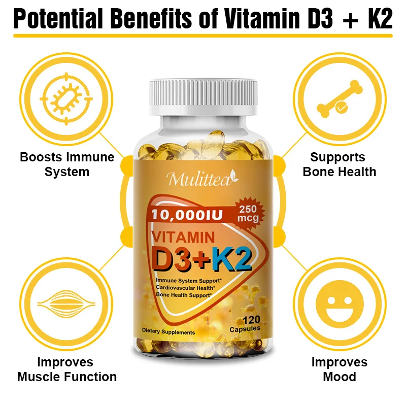 Mulittea Vitamin D3+K2 Capsules Help Regulate Calcium Metabolism Promote Heart Bone Teeth and Skin Health Support Immunity