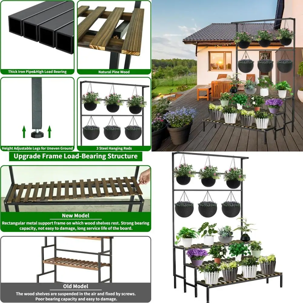 

60 Tall 3-Tier Metal & Wood Ladder Plant Stand - Indoor/Outdoor Heavy Duty Hanging Rack for Garden, Balcony, or Patio