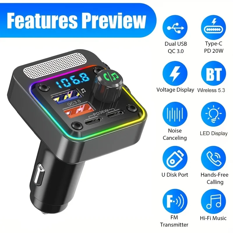 

Беспроводной FM-передатчик, автомобильный радиоадаптер, поддержка QC3.0, QC2.0, PD, подходит для SamsungAFC, BC1.2, Aple2.4AFast Charging Protocol, Han