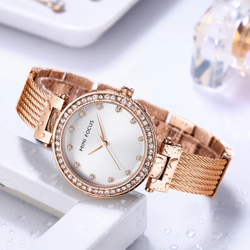 MINI FOCUS Crystal-encrusted Stainless Steel Band Watch for Women Elegant Quartz Wristwatch Luxury Ladies Watches часы 0423L
