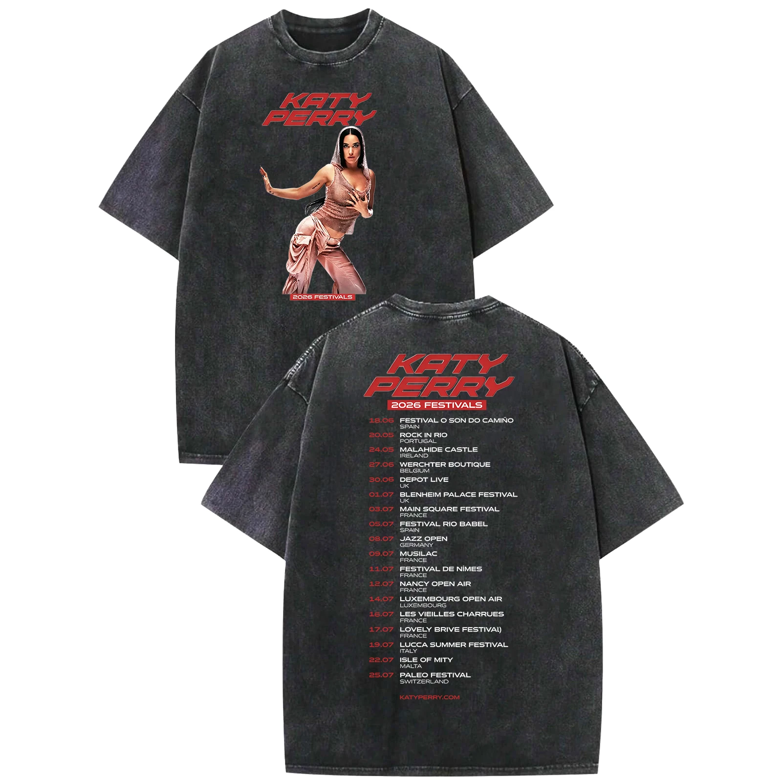 Katy Perry 2026 Festivals Tour Vintage Washed T-shirt Unisex Oversized Cotton Streetwear Hip Hop Graphic Print Tee Tops