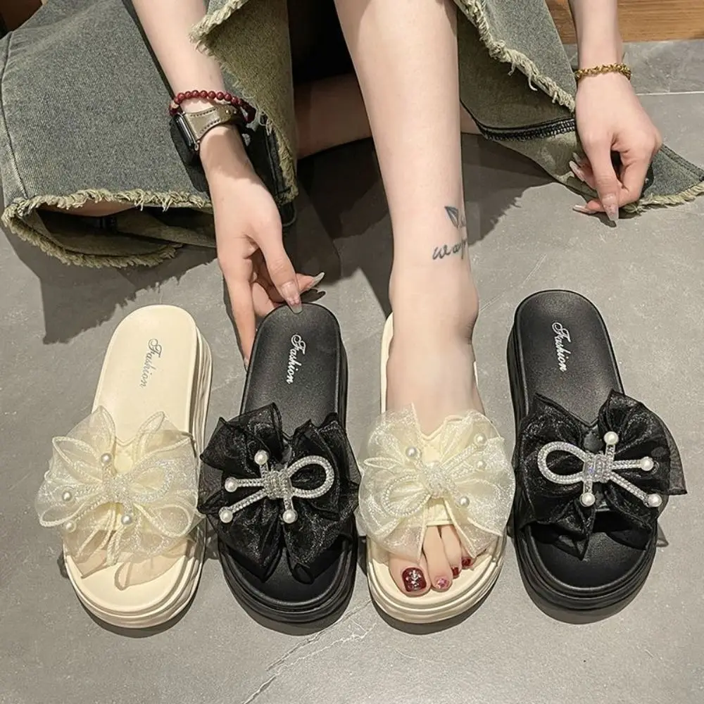 

All Match Soft Sole Mesh Bow Slippers Anti Slip PVC Platform Slippers Women Sweet Shoes Rinestone Bow Slipper Beachwear