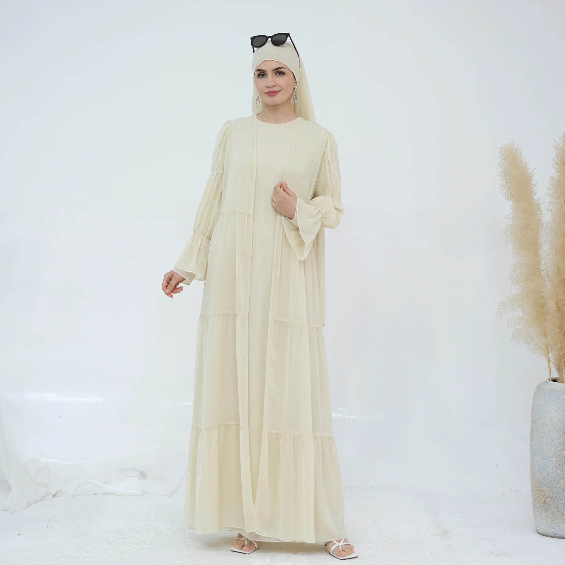 

Women Dress Muslim Chiffon Open Abaya Inner Dress Scarf Set Party Jalabiya Ramadan Long Dresses Abayas Kaftan Arab Long Robe New