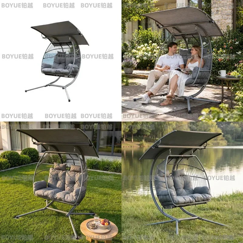 Wrought Iron PE Woven Double Hanging Basket Swing with Awning Outdoor Sun Protection Villa Leisure Rocking Chair
