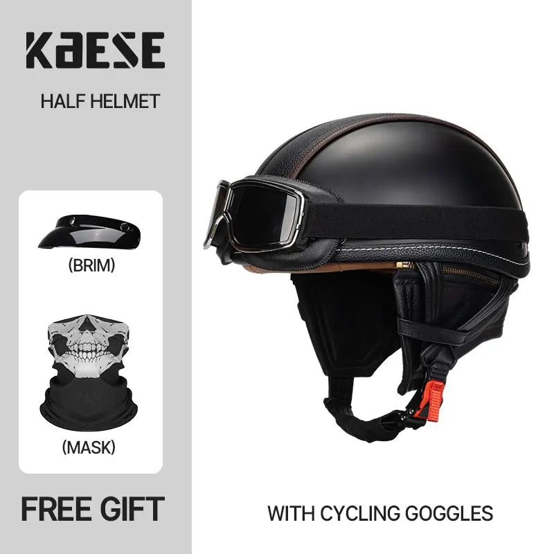 

Hot Sale Leather Vintage Motorbike Helmet Casco Moto Motorcycle Open Face Retro Half Helmet Chopper Biker Pilot DOT Size S-XL