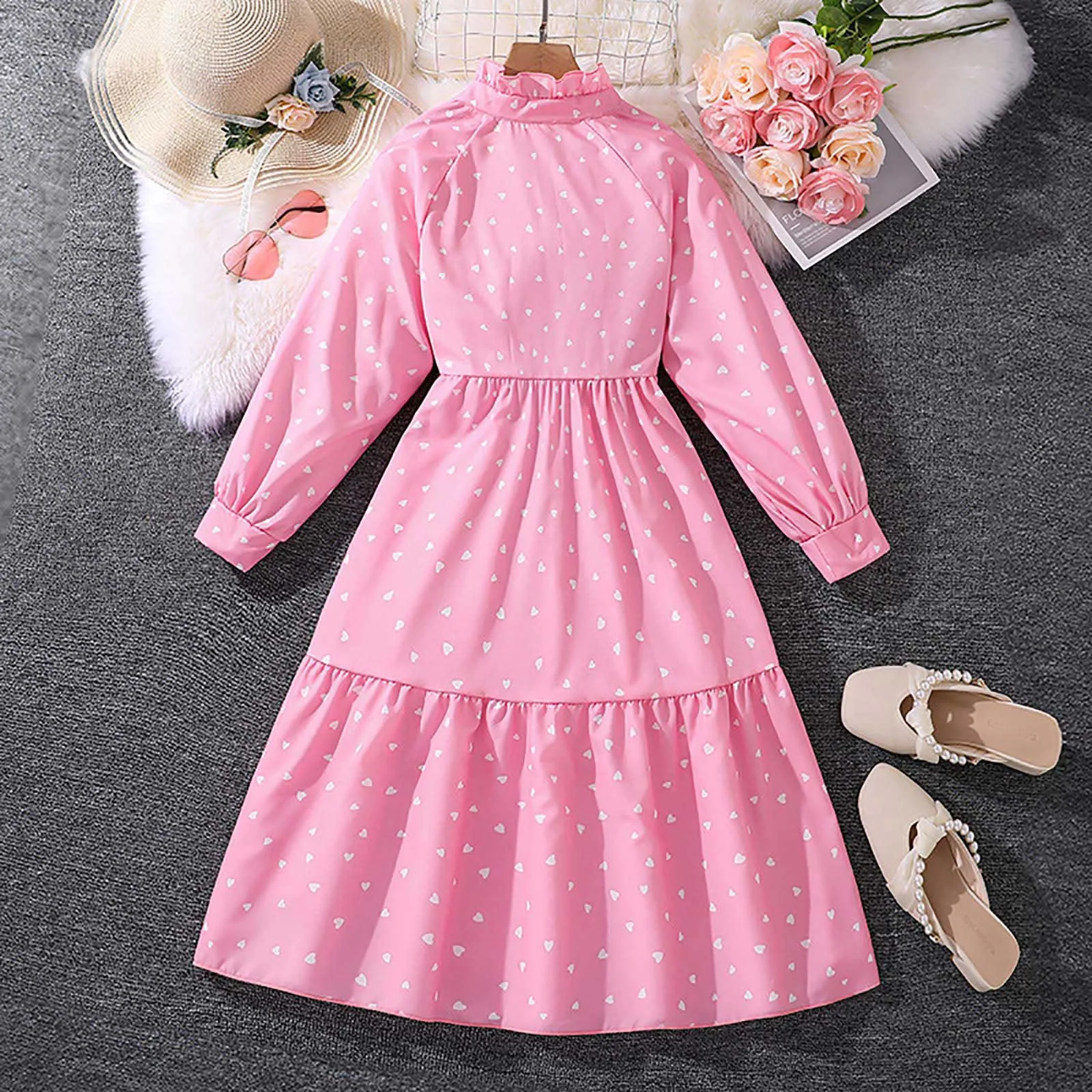 Children's Dress For Girls 8-12 Years Ruched V-neck Design White Heart Embellished Long-sleeved Pink Dress Kids Girls Clothes