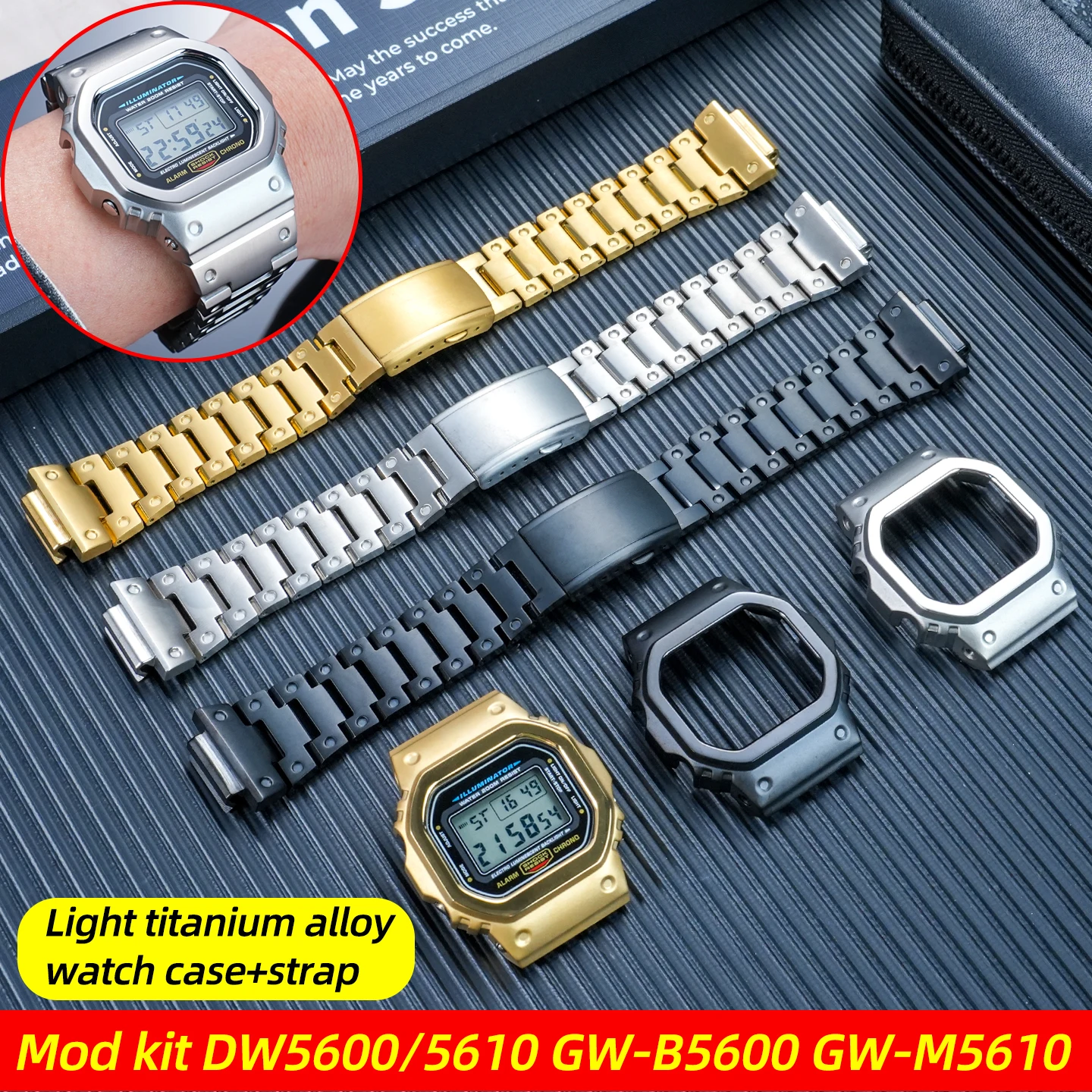 For Casio watch G-SHOCK DW-5600 GW-B5600 GW-M5610 Mod Kit Titanium case+strap For 5600 5610 Metal bezel watchband set with Tools