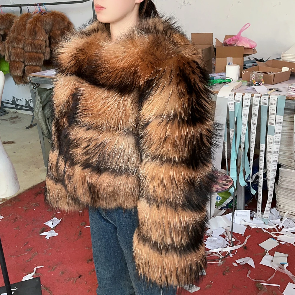 QUEENTINA Real Raccoon Fur Coat Winter New Outwears Women's Fashion Jacket High Quality Clothing Natural Raccoon 2025