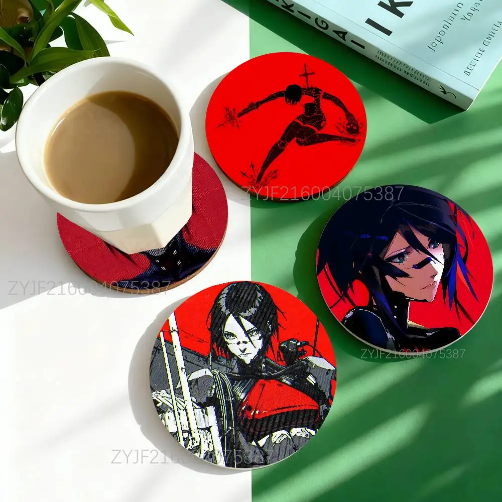 

Game S-Signalis Round Wooden Coasters Heat Resistant Non-slip Drink Cafe Decoration 2D Flat Color Print Set