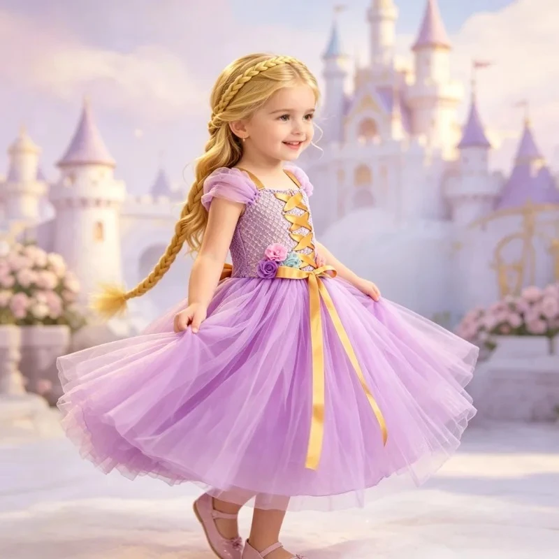 

Girls' Purple Tulle Princess Dress with Headband, Kids' Festival Performance & Party Gown, Exquisite Halloween Cosplay Costume