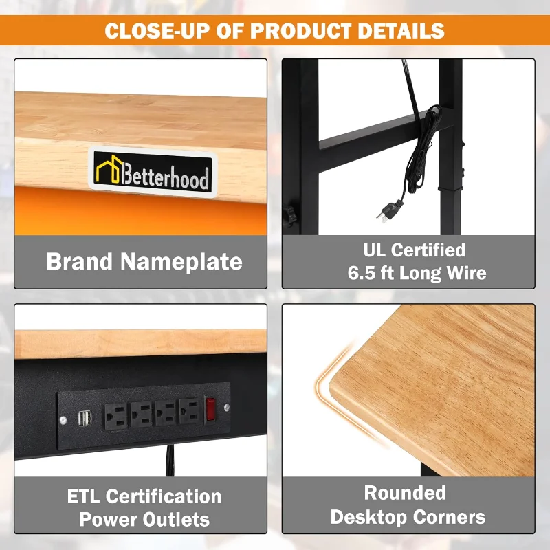 Adjustable Height Workbench, 60" Rubber Wood Top Heavy Duty Workstation with Power Outlets, 2000 LBS Load Capacity Hardwood