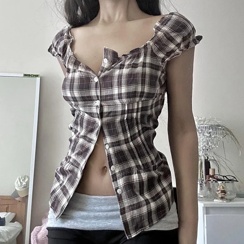 بلوزة Rockmoer Tartan منقوشة حلوة ضيقة للنساء 2000s قميص صيفي ريترو Preppy لطيف Y2k Fairycore بأزرار وياقة مربعة