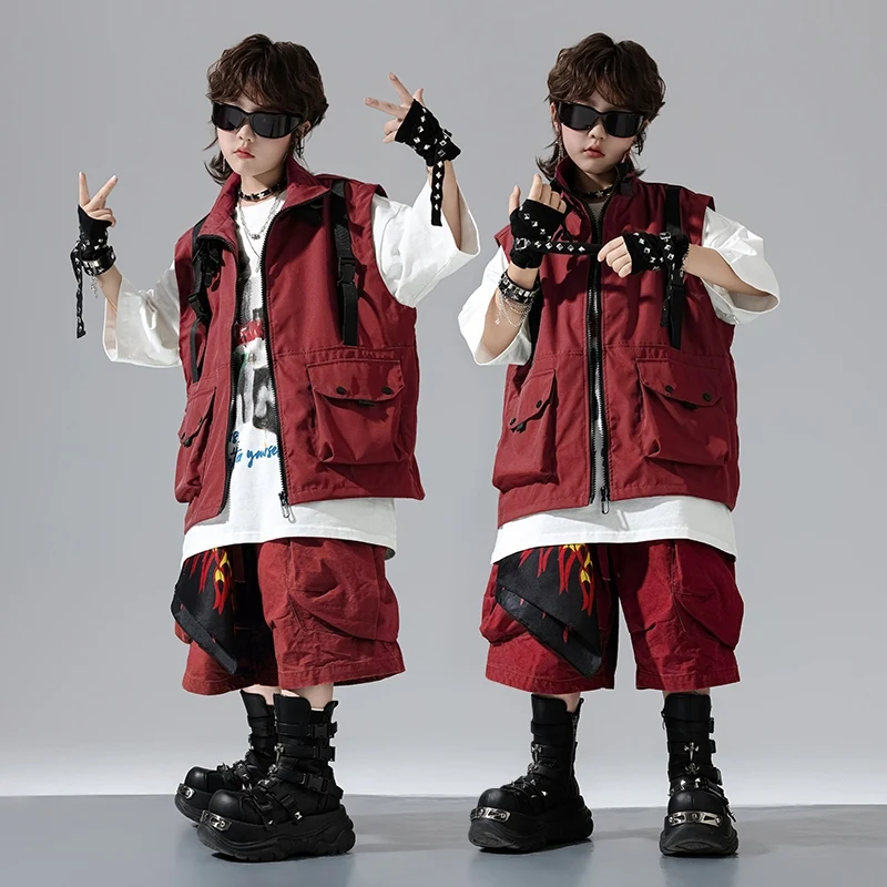 Nuovo vestito da ballo estivo Ragazzi Abiti hip-hop Costumi di danza jazz di strada Vestito rosso Top Pantaloncini Vestito di scena Abbigliamento da passerella DQL11007