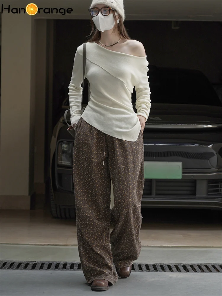 HanOrange 2025 Pantaloni autunnali bohémien retrò floreali con coulisse elastica Pantaloni da donna a vita alta con sensazione di caduta