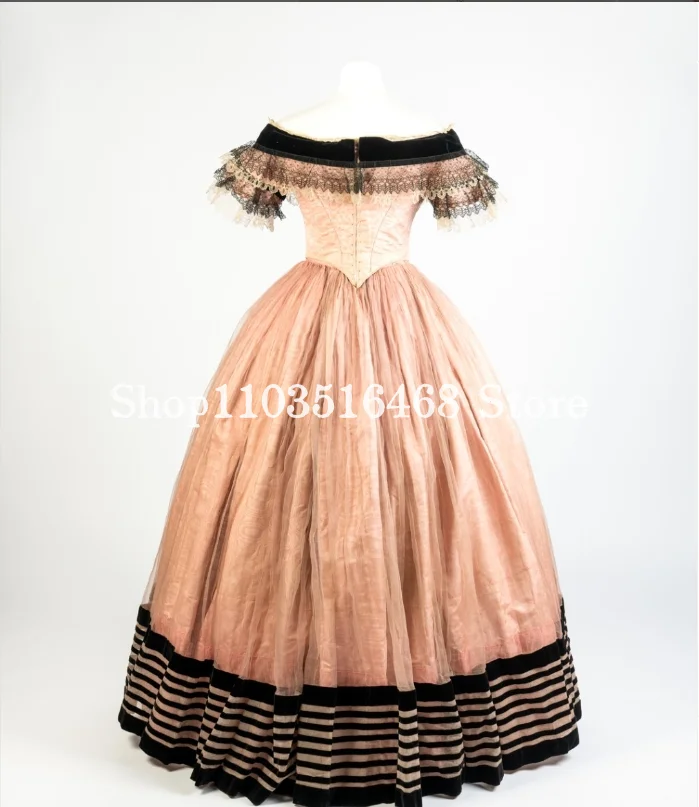 Lotus Root Pink Historical Victorian Evening Dress Strapless Corset Corset Black Stripe Applique Medieval Masquerade Customised