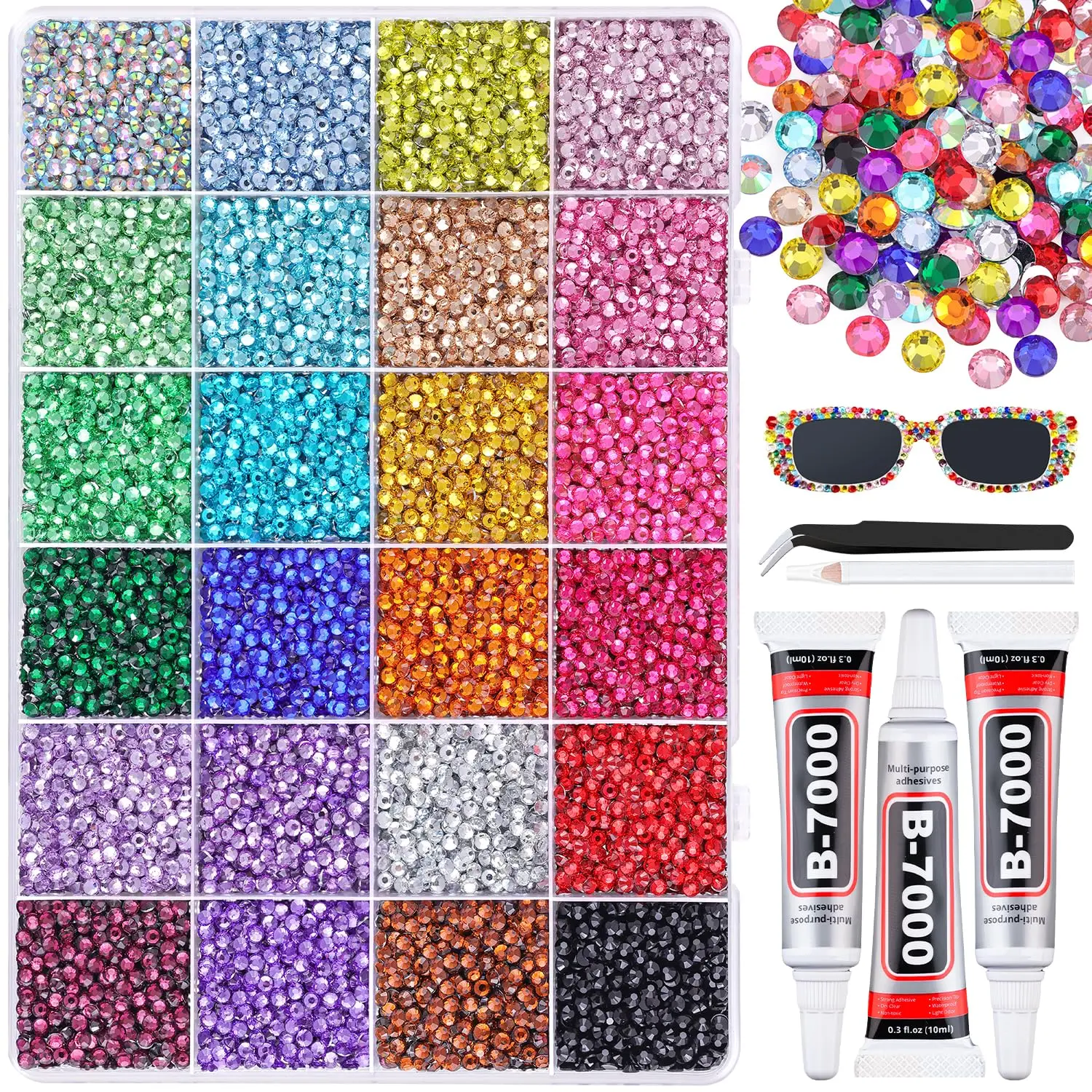 24000 Pcs Multicolor Resin Rhinestones 3mm Flatback Gems with 3 B7000 Glue for Crafts, Clothing, Tumblers, Mugs, Shoes, Nail Art